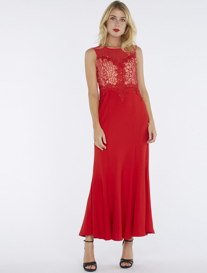 Robe longue buste dentelle - rouge - 3