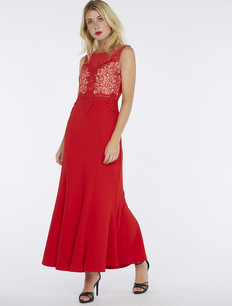 Robe longue buste dentelle - rouge - 5