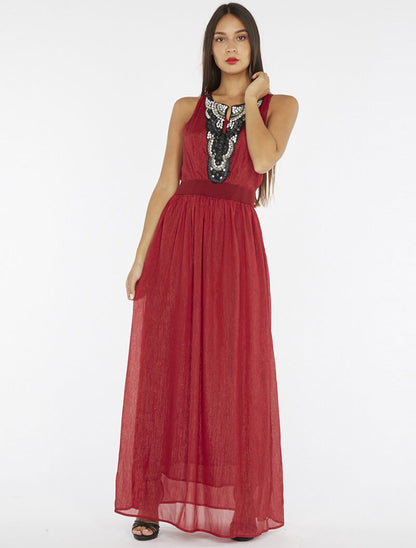 Robe longue plastron bijoux - bordeaux - 3