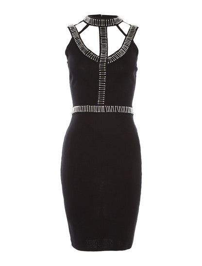 Robe côtelée col ajouré - noir - 1