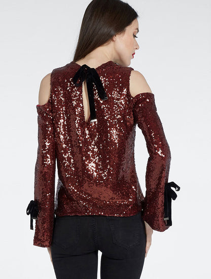Top à sequins épaules dénudées - bordeaux - 2