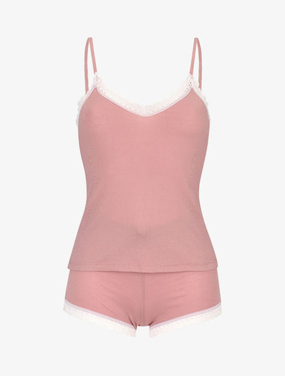 Ensemble caraco et shorty côtelés - Rose - 1