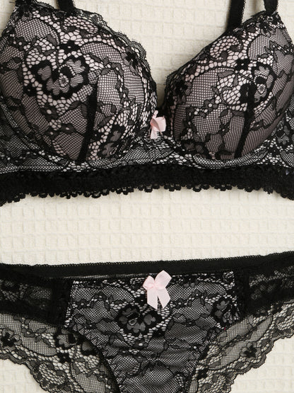 Ensemble en dentelle ajourée - Noir/rose - 3