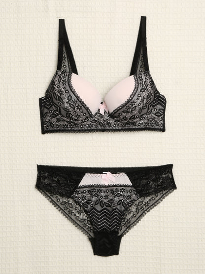 Ensemble en dentelle et zig-zag - Noir/rose - 1