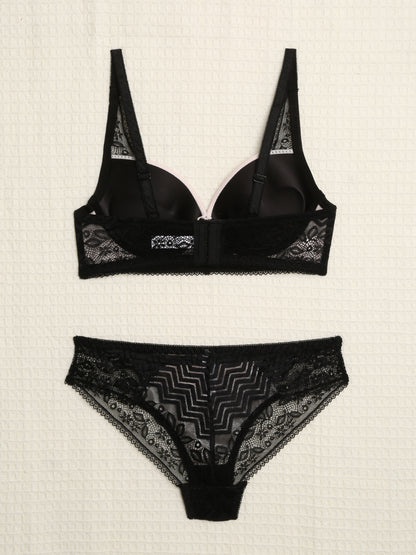 Ensemble en dentelle et zig-zag - Noir/rose - 2