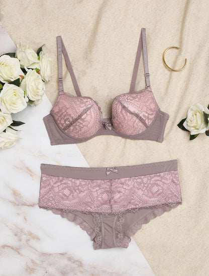 Ensemble en dentelle à liens - Gris/rose - 1
