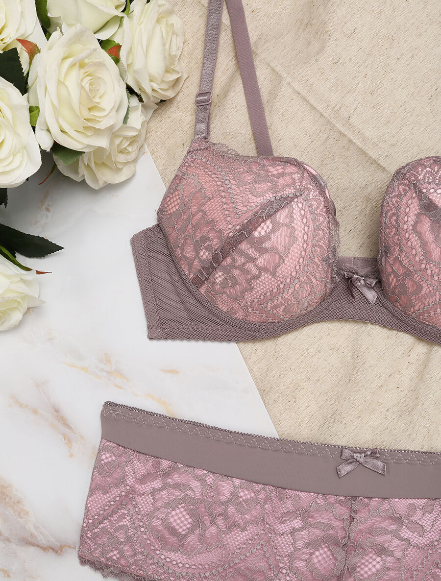 Ensemble en dentelle à liens - Gris/rose - 3