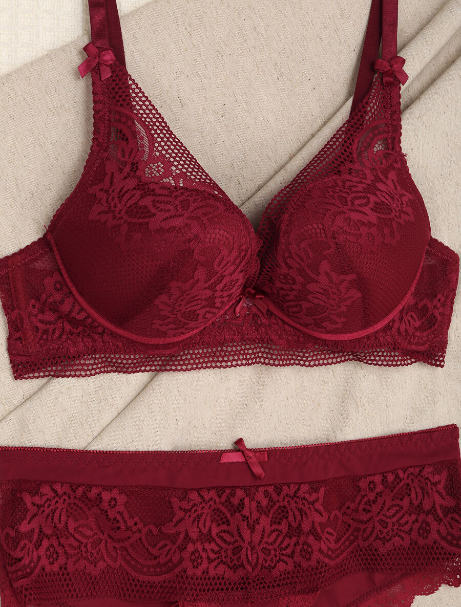 Ensemble en dentelle fleurie - Bordeaux - 3
