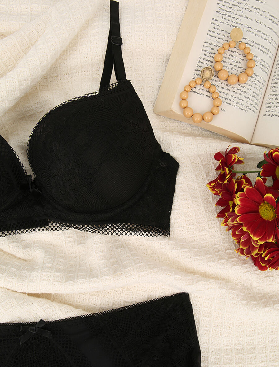 Ensemble en dentelle à motifs fleurs - Noir - 3
