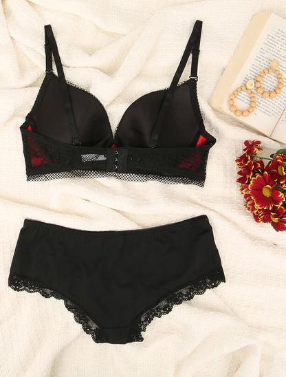 Ensemble en dentelle à motifs fleurs - Noir/rouge - 2