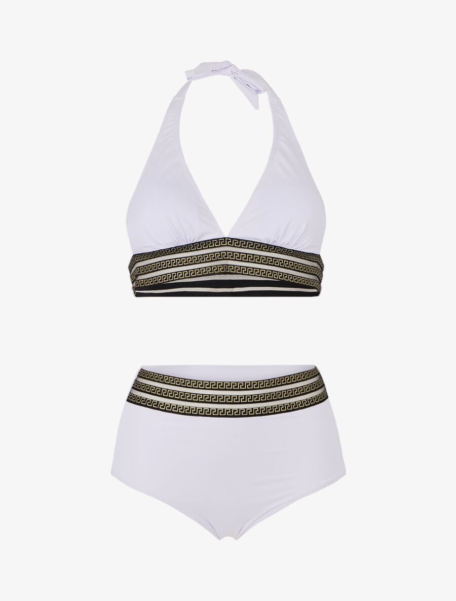 Bikini taille haute à motifs grecque - Blanc - 1
