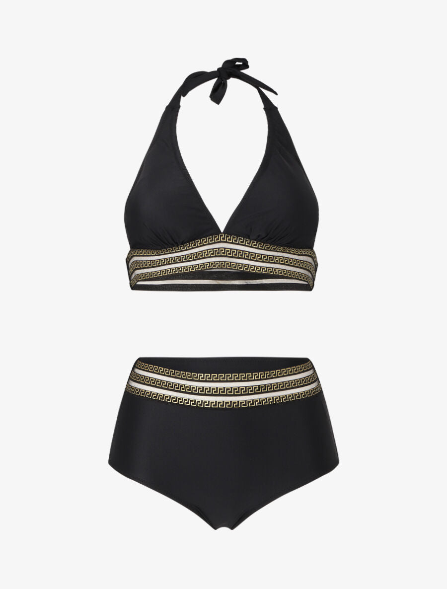 Bikini taille haute à motifs grecque - Noir - 1