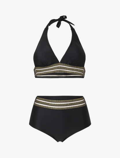 Bikini taille haute à motifs grecque - Noir - 1
