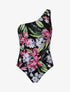 Maillot de bain fleuri one shoulder - Noir - 1