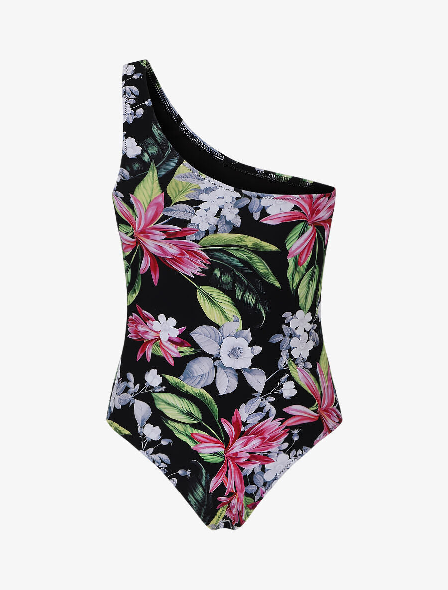 Maillot de bain fleuri one shoulder - Noir - 2