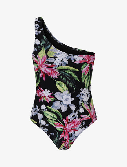 Maillot de bain fleuri one shoulder - Noir - 2