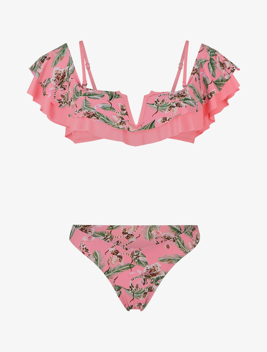 Bikini tropical à volants - Rose fluo - 1