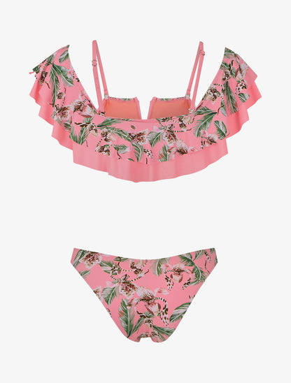 Bikini tropical à volants - Rose fluo - 2