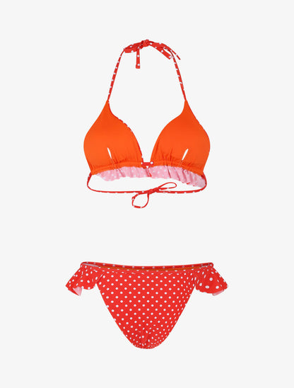 Bikini triangle à pois et volants - Rouge - 2
