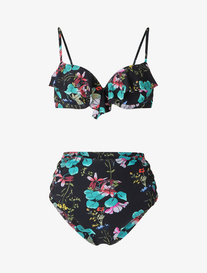 Bikini fleuri à volants - Noir - 1