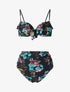 Bikini fleuri à volants - Noir - 1