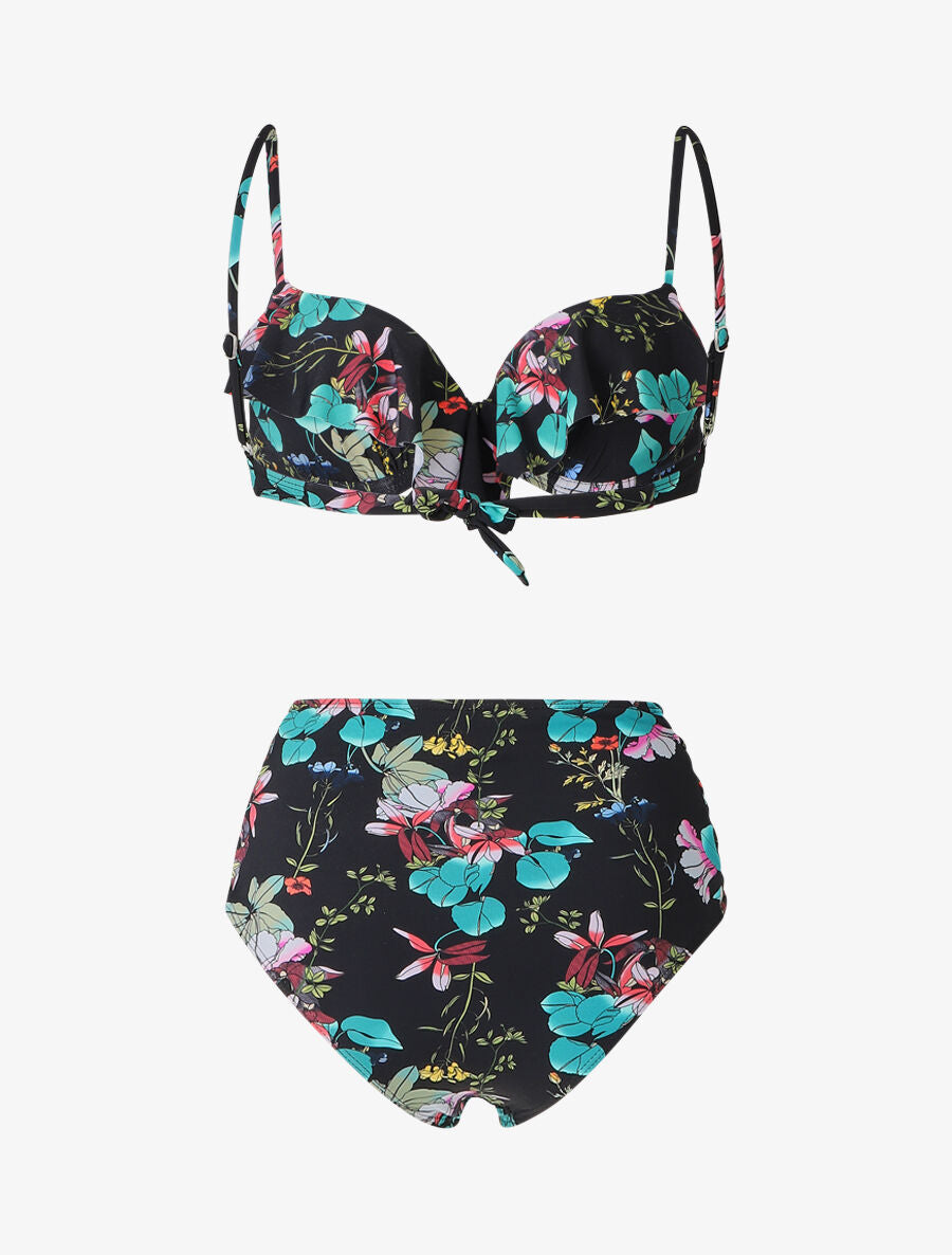 Bikini fleuri à volants - Noir - 2