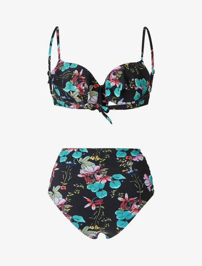 Bikini fleuri à volants - Noir - 2