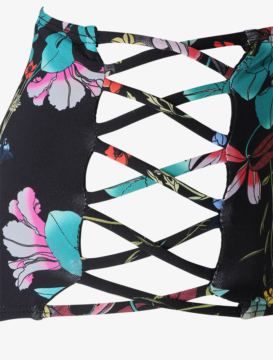 Bikini fleuri à volants - Noir - 3