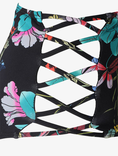Bikini fleuri à volants - Noir - 3
