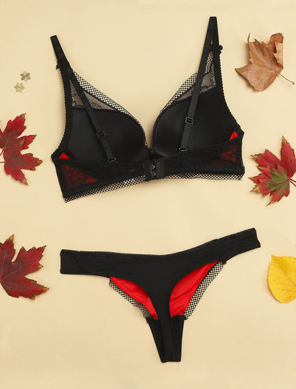 Ensemble en dentelle ajourée et string - Noir/rouge - 2