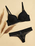 Ensemble push-up à broderie fleurie et string - Noir - 1