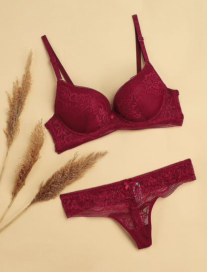 Ensemble push-up à broderie fleurie et string - Prune - 4