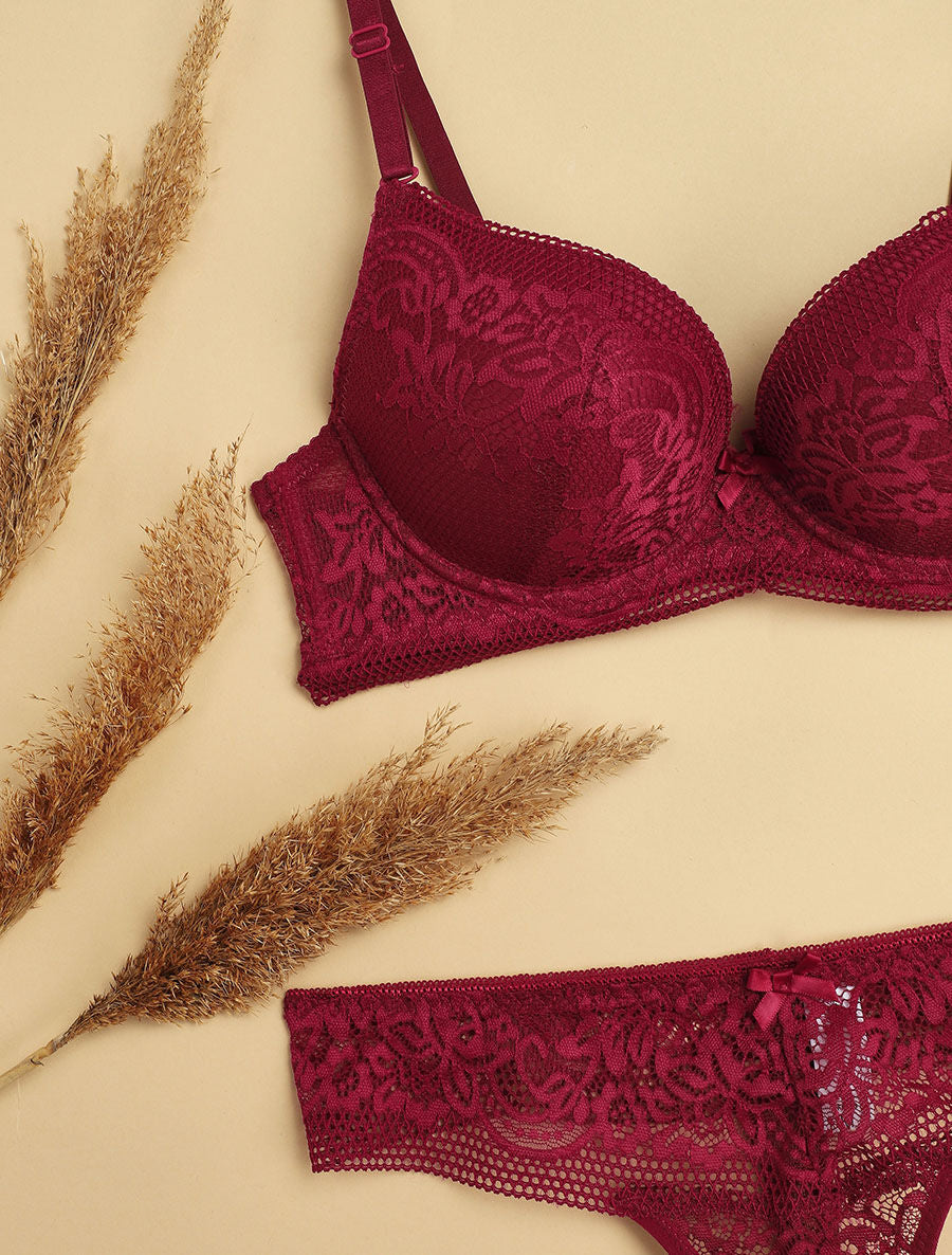 Ensemble push-up à broderie fleurie et string - Prune - 3
