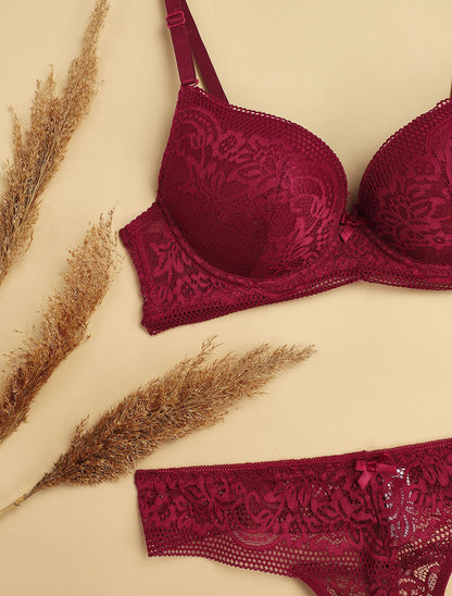 Ensemble push-up à broderie fleurie et string - Prune - 3