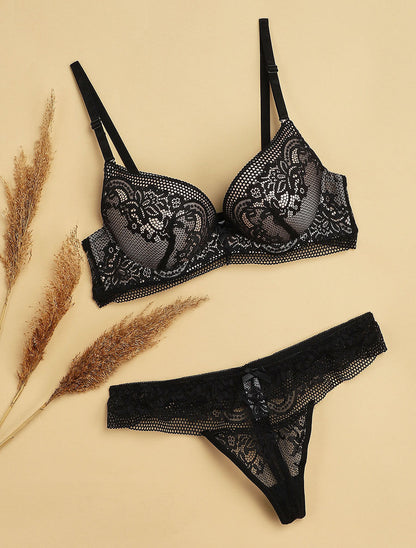 Ensemble push-up à broderie fleurie et string - Noir/nude - 1