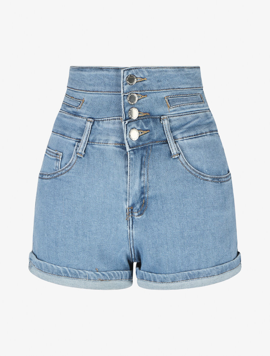 Short en jean à ourlets et taille haute - Bleu - 5