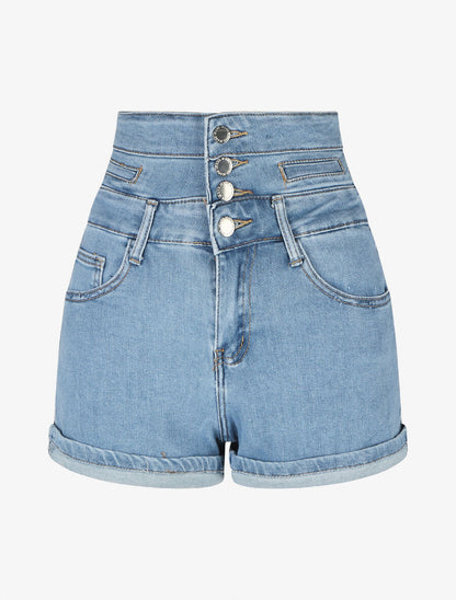 Short en jean à ourlets et taille haute - Bleu - 5