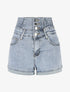 Short en jean à ourlets et taille haute élastiquée - Bleu - 5