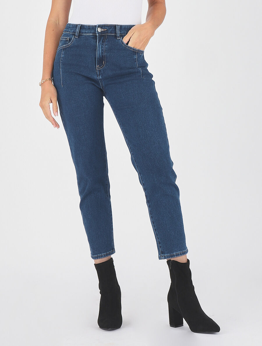 Jean mom taille haute à coutures - Bleu - 7
