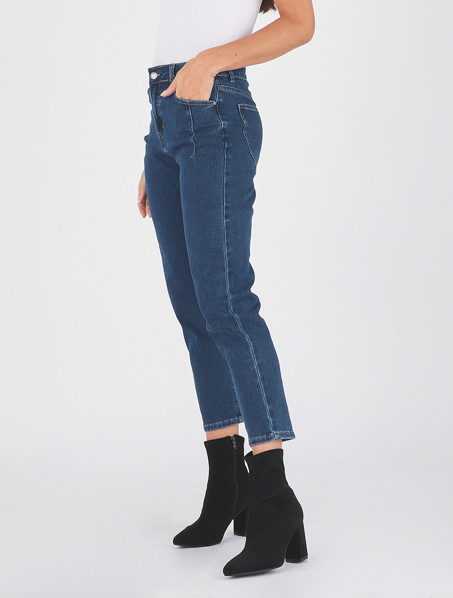 Jean mom taille haute à coutures - Bleu - 2
