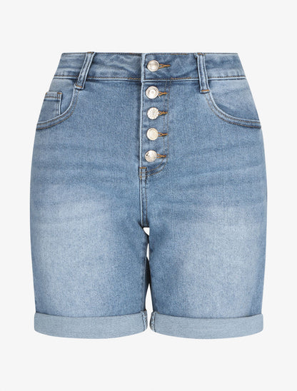 Short en jean ajusté taille standard boutonnée - Bleu - 1