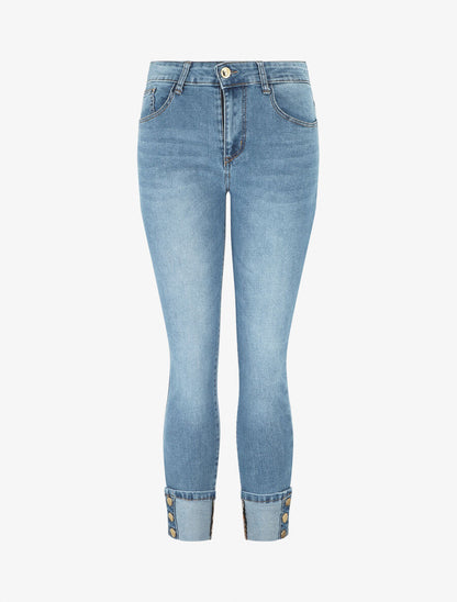 Jean 7/8 slim taille standard bords à boutons - Bleu - 1