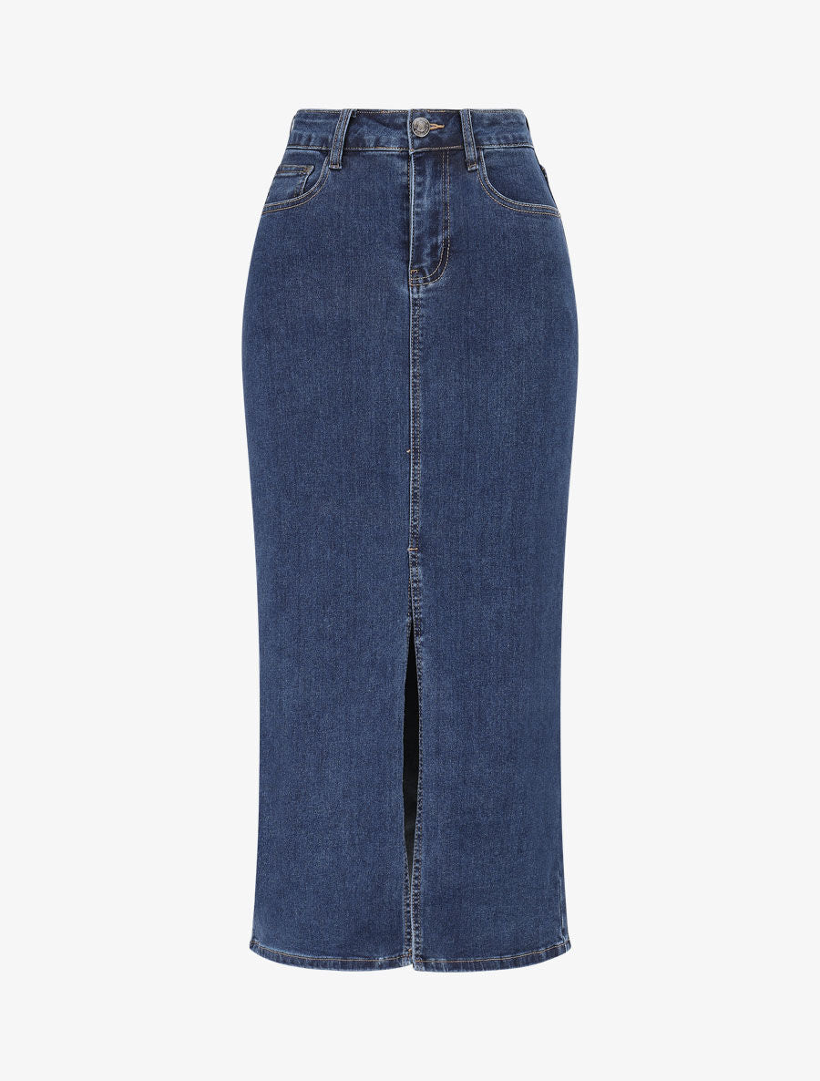 Jupe mi-longue fendue - Bleu - 1