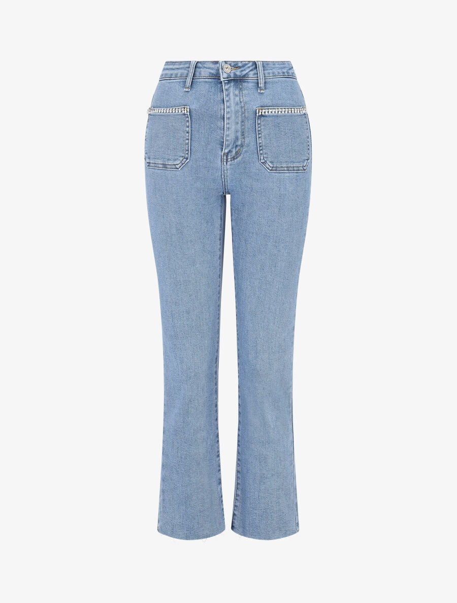 Jean droit poches à strass et perles - Bleu - 1