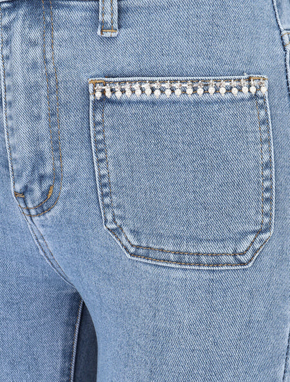Jean droit poches à strass et perles - Bleu - 3