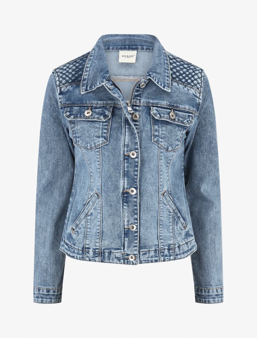 Veste en jean boutonnée et zippée - Bleu - 1