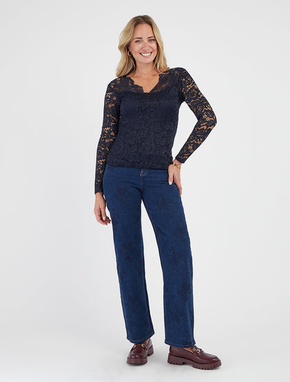 Jean droit taille standard à motif fleuri - Bleu brut