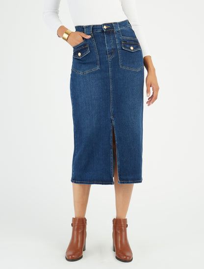 Jupe longue en jean à poches à rabat - Bleu denim