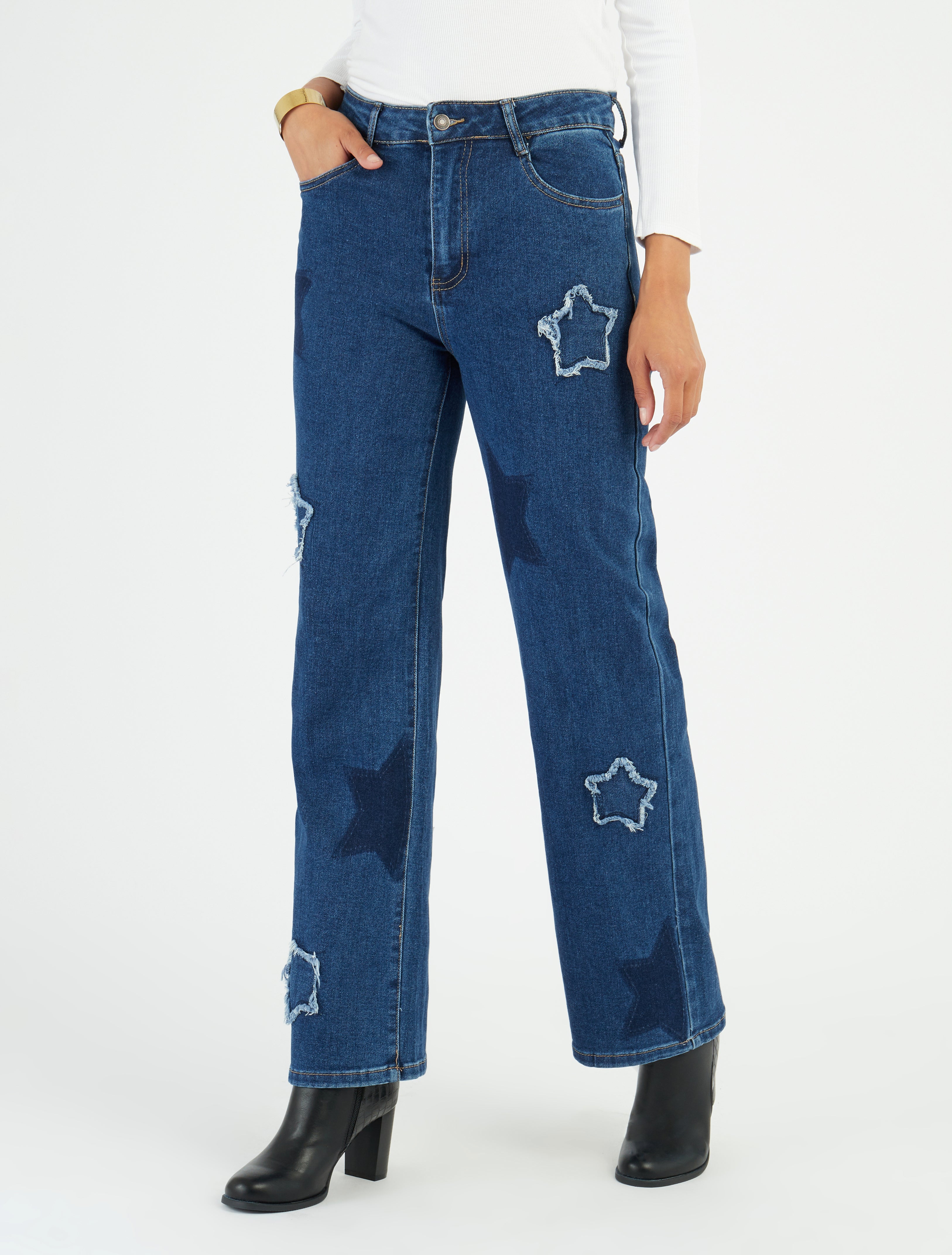 Jean droit taille haute motif étoile - Bleu