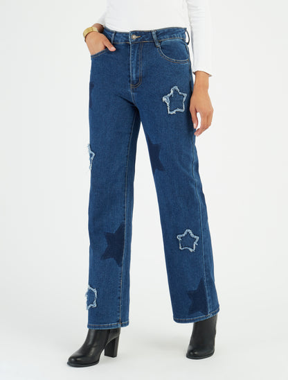 Jean droit taille haute motif étoile - Bleu